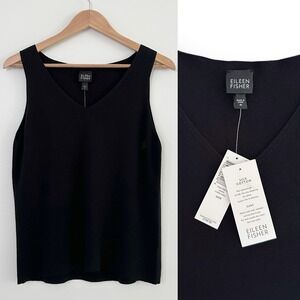 Eileen Fisher Women Medium Black Sleeveless Silk Cotton V-Neck Knit Tank Top NWT